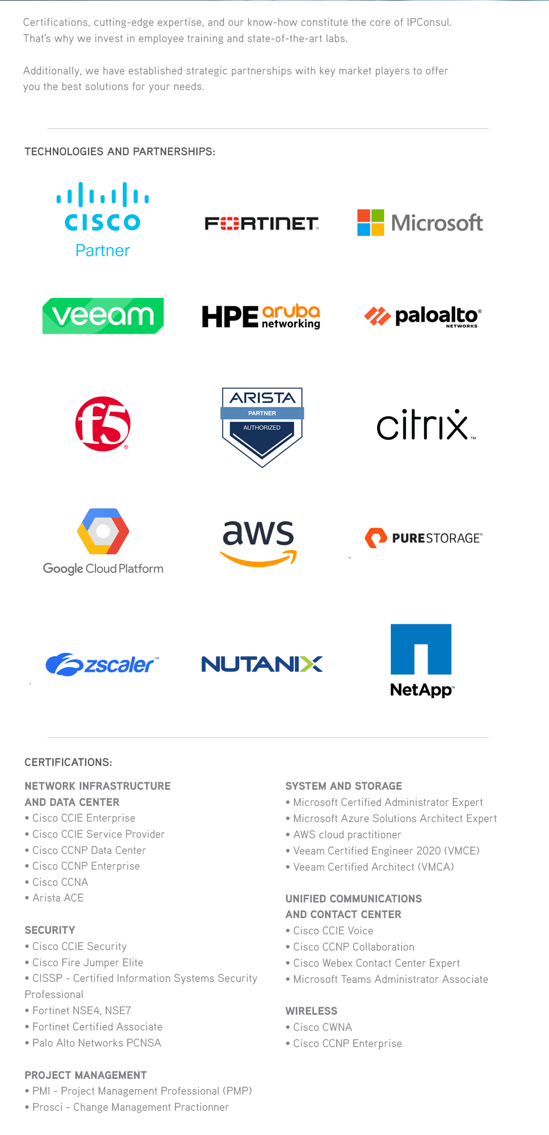 Certifications, cutting-edge expertise, and our know-how constitute the core of IPConsul. That's why we invest in employee training and state-of-the-art labs.Additionally, we have established strategic partnerships with key market players to offer you the best solutions for your needs.NETWORK INFRASTRUCTURE  AND DATA CENTER• Cisco CCIE Enterprise• Cisco CCIE Service Provider• Cisco CCNP Data Center• Cisco CCNP Enterprise• Cisco CCNA• Arista ACESECURITY• Cisco CCIE Security• Cisco Fire Jumper Elite• CISSP - Certified Information Systems Security Professional• Fortinet NSE4, NSE7• Fortinet Certified Associate• Palo Alto Networks PCNSA 

              SYSTEM AND STORAGE• Microsoft Certified Administrator Expert• Microsoft Azure Solutions Architect Expert• AWS cloud practitioner• Veeam Certified Engineer 2020 (VMCE)• Veeam Certified Architect (VMCA)  
              
              WIRELESS• Cisco CWNA• Cisco CCNP EnterpriseUNIFIED COMMUNICATIONS AND CONTACT CENTER• Cisco CCIE Voice• Cisco CCNP Collaboration• Cisco Webex Contact Center Expert• Microsoft Teams Administrator AssociatePROJECT MANAGEMENT• PMI - Project Management Professional (PMP)• Prosci - Change Management Practionner 