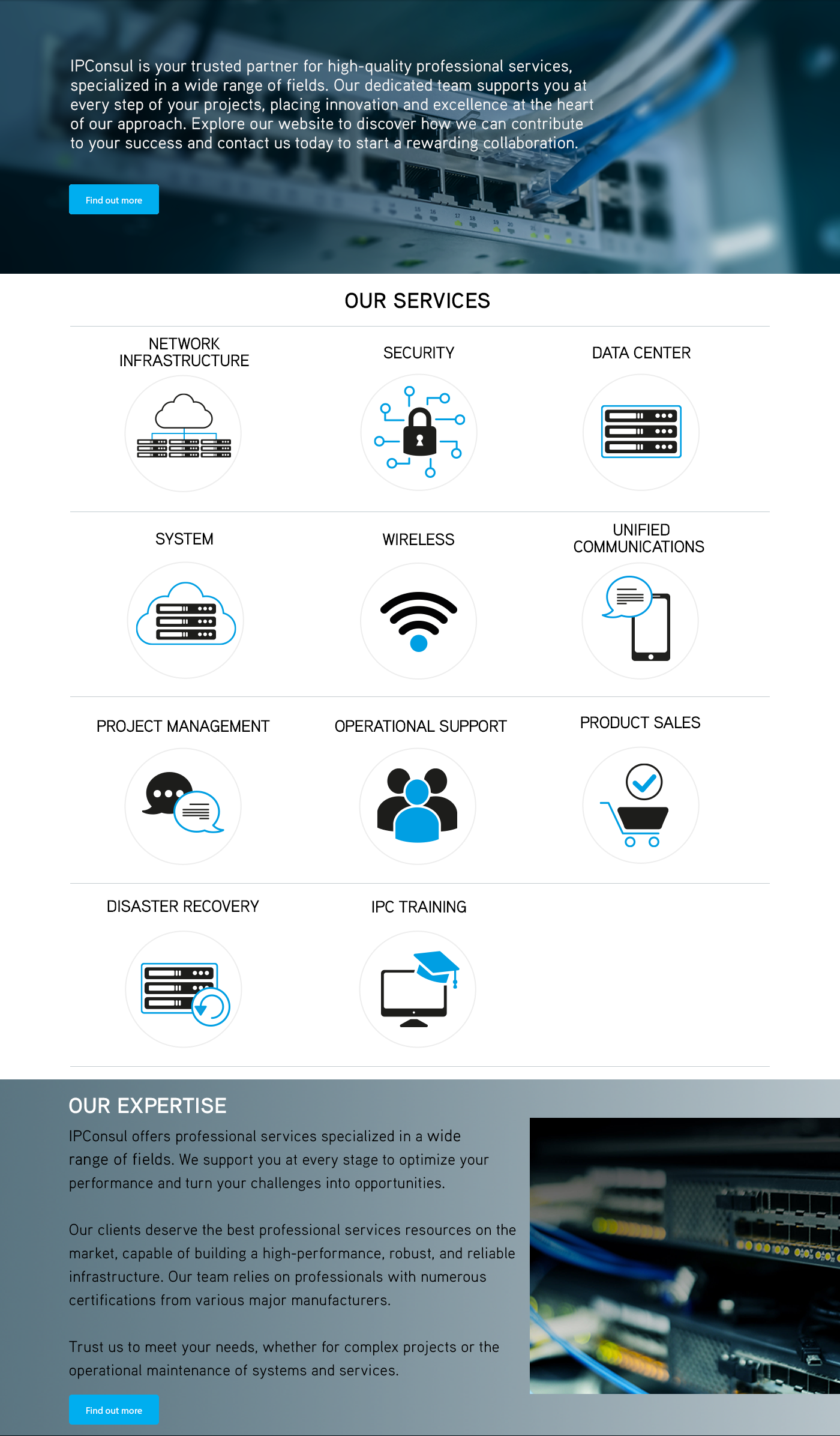 IPConsul is your trusted partner for high-quality professional services, specialized in a wide range of fields. Our dedicated team supports you at every step of your projects, placing innovation and excellence at the heart of our approach. Explore our website to discover how we can contribute to your success and contact us today to start a rewarding collaboration. Our expertise 

        IPConsul offers professional services specialized in a wide range of fields. We support you at every stage to optimize your performance and turn your challenges into opportunities.Our clients deserve the best professional services resources on the market, capable of building a high-performance, robust, and reliable infrastructure. Our team relies on professionals with numerous certifications from various major manufacturers.Trust us to meet your needs, whether for complex projects or the operational maintenance of systems and services.  